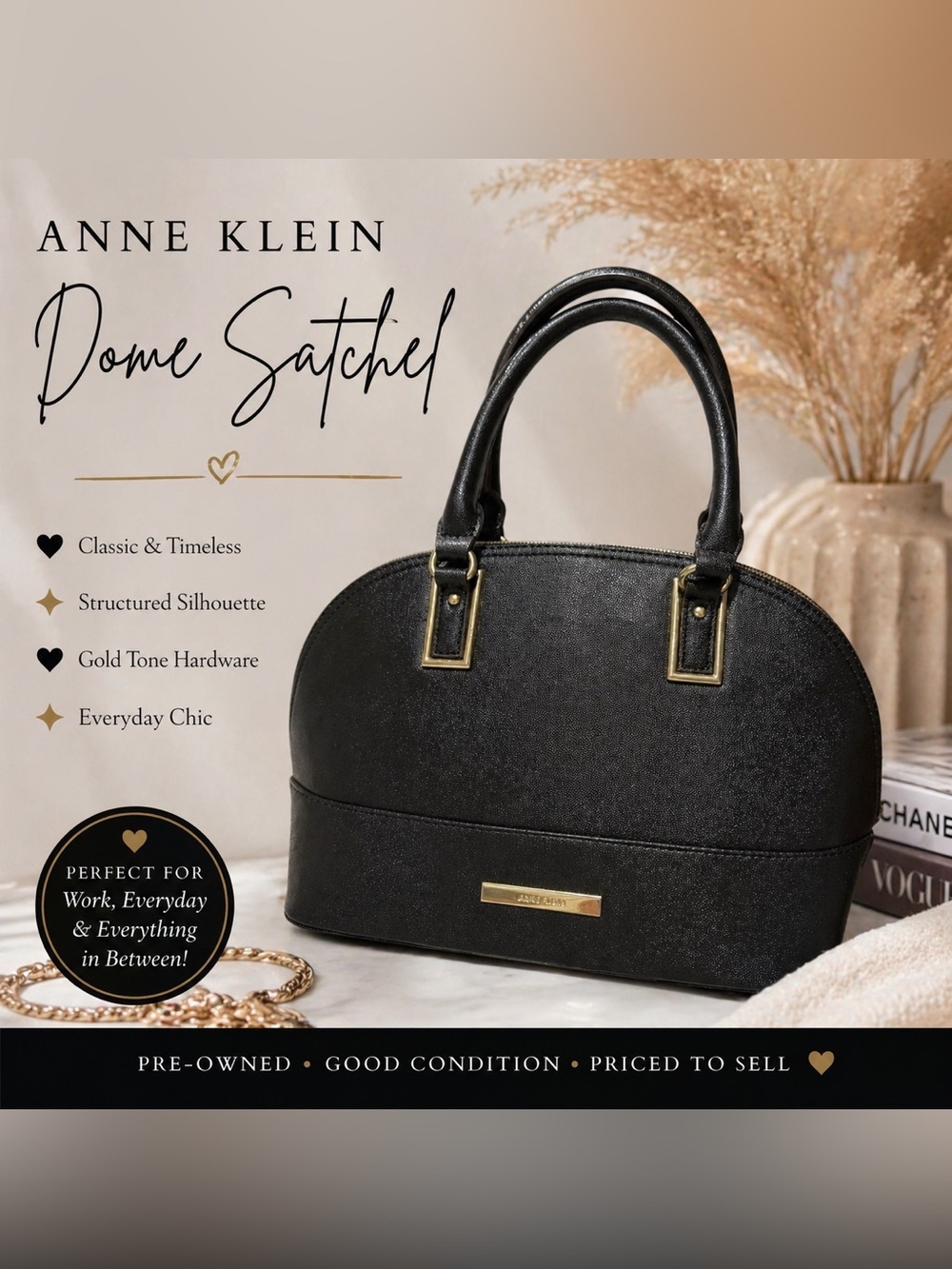 Anne Klein Black Dome Satchel Gold Hardware Structured Purse